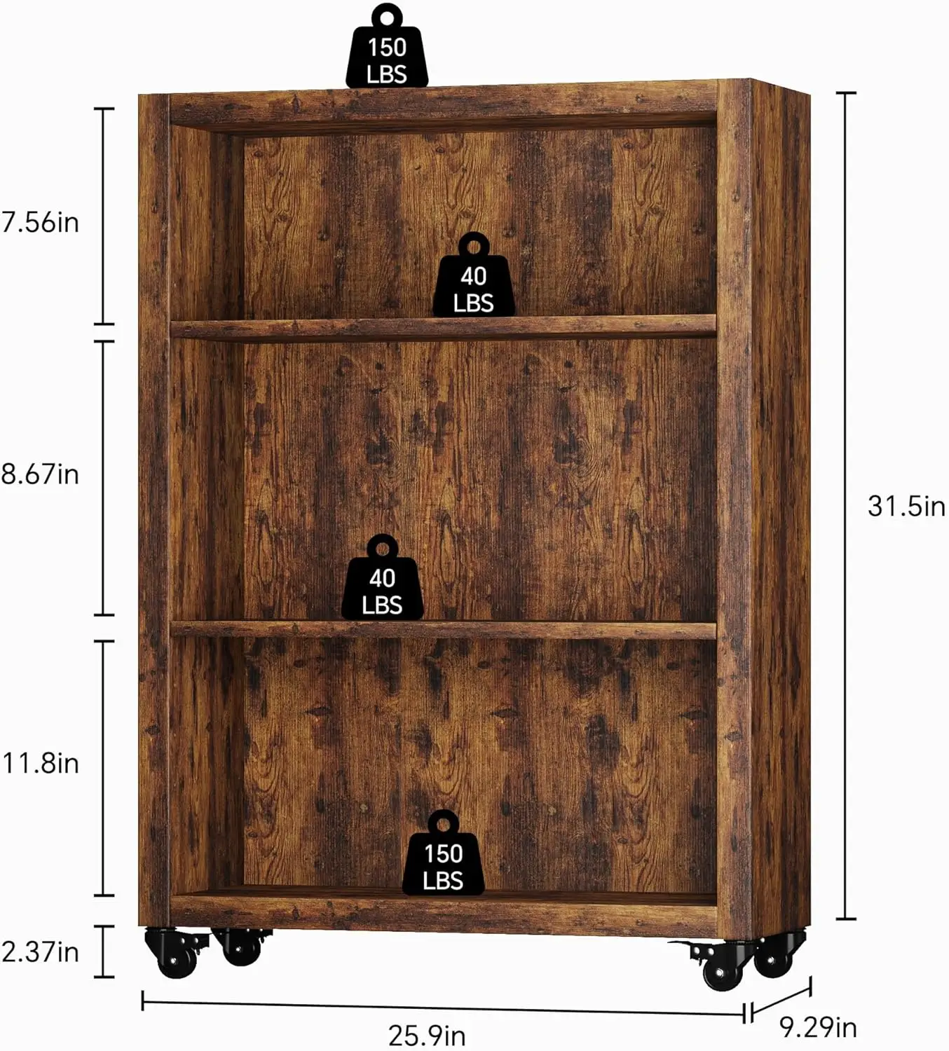 3-Tier Bookshelf with Wheels Book Storage Organizer Bookcase Floor Standing Fixed Shelves Adjustable Shelf Display Shelves