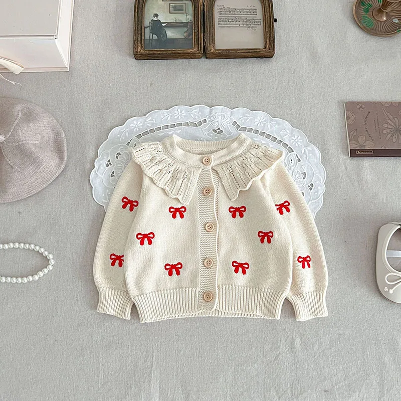 MILANCEL New Autumn Baby Sweater 6M-3Y Embroidered Bow Infant Girls Knitted Cardigan Korean Version Toddler Knitwear