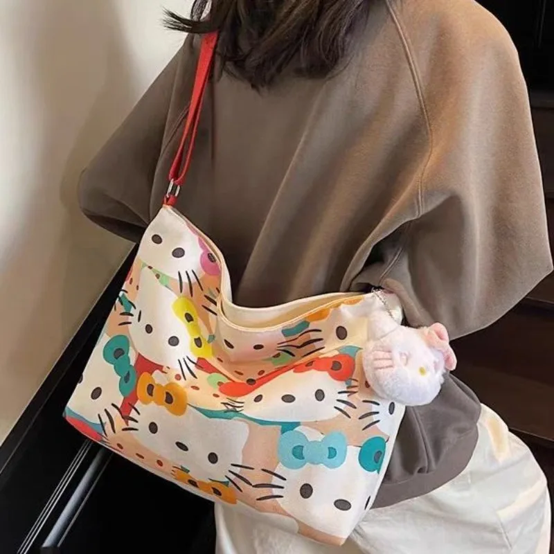 

Sanrio Large Capacity Shoulder Bag for Woman Cute Hello Kitty Handbag Portable Canvas Bag for Girls Student Luxury Designer