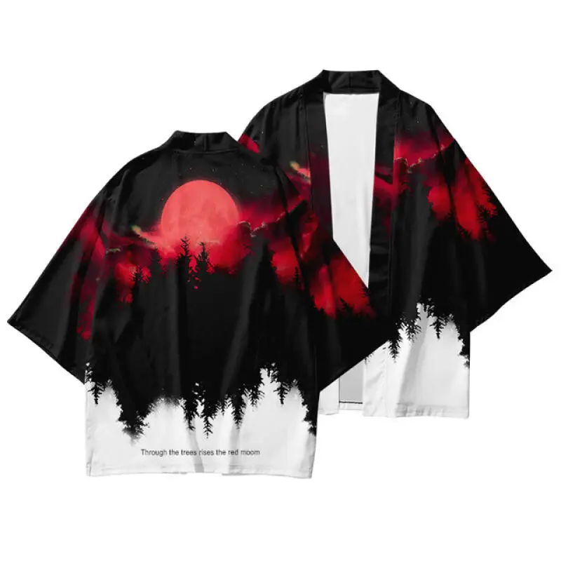 Summer Asian Traditional Costume Men Crane Printed Japanese Kimono Cardigan Harajuku Yukata Dark Style Black Haori Shirt Jacket