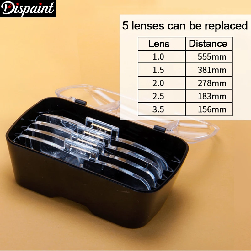 Dispaint Diamond Painting Embroidery 1.0X 1.5X 2.0X 2.5X 3.5X Adjustable 5 Lens Loupe LED Light Headband Magnifier Glass Lamp