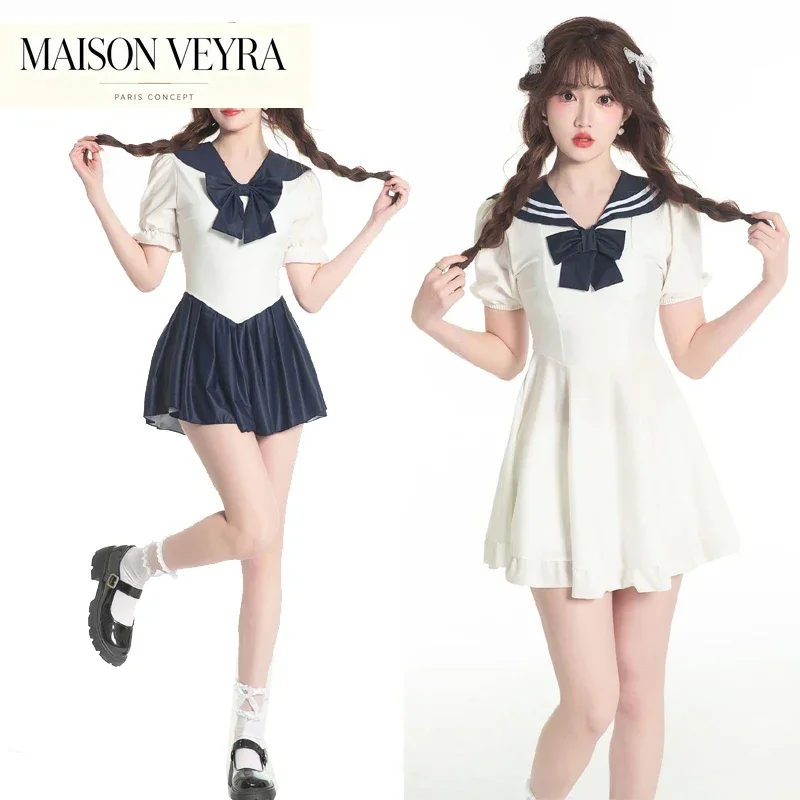 Lolita School Girls Bowknot Puff Sleeve Sailor Dress Japanese Swimsuit Sukumizu Cosplay Swimwear Bathing Suit Dropship