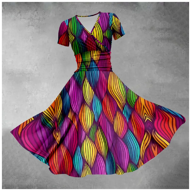 

Hip Hop Trendy Comfortable Busty Women Dresses Colorful Geometry 3D Sundress Short Sleeve Slim V-neck Long Dress Party Dress