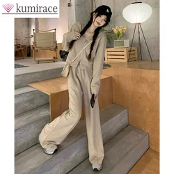 Korean Style Autumn New Grey Hooded Top Thin Jacket Wide Leg Pants Two-piece Set Women's Pants Set Sports Suit