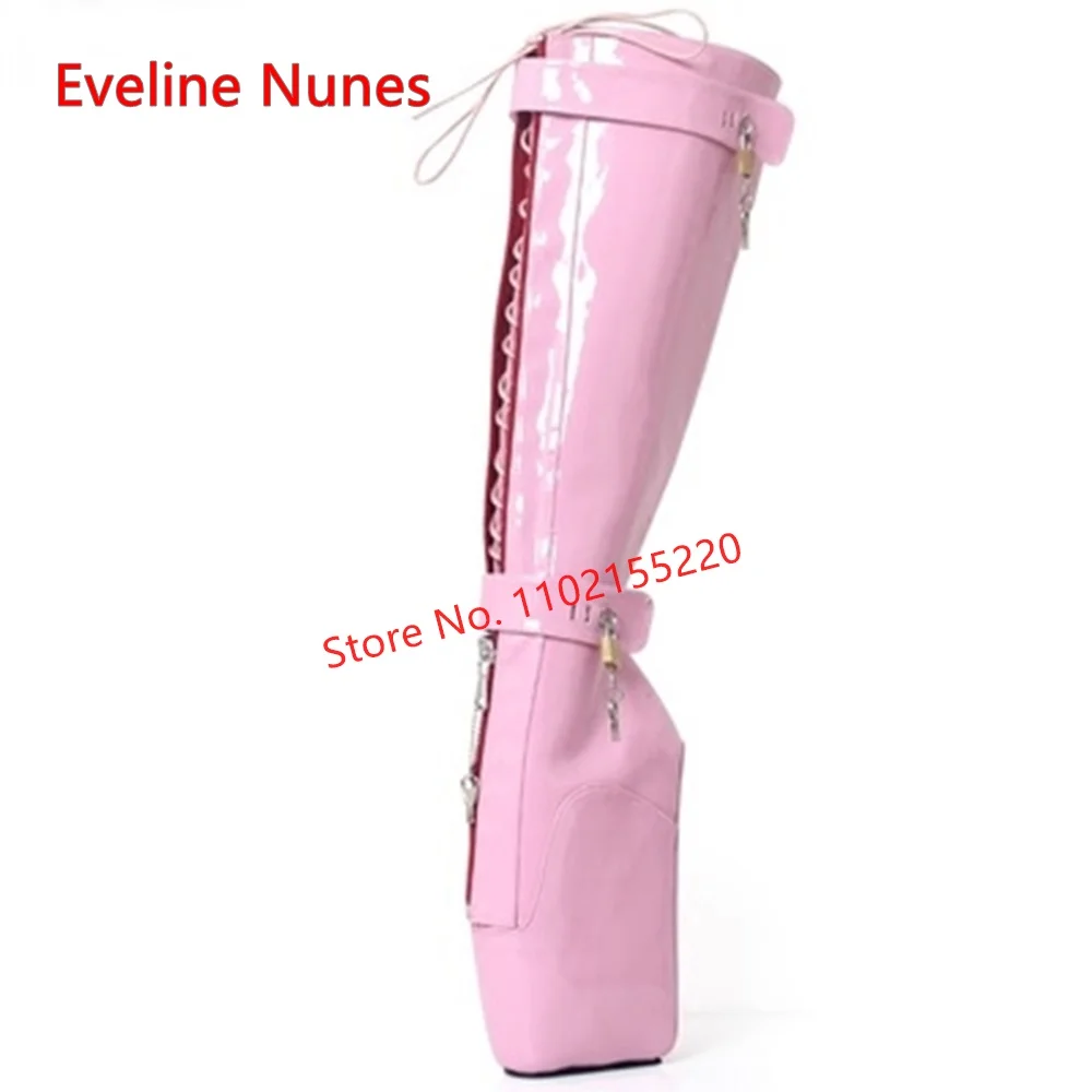 Pink Lock ballerine stivali da donna nuovo arrivo piattaforma punta tonda Hoof Heel Cosplay scarpe Sexy in pelle verniciata per calzature