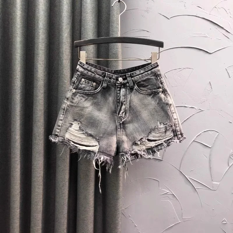 Women Gray High Waist Denim Shorts Female Summer Hottie Show Hole Fringe Fur-Edged Beggar Wide Leg Pants Hot Jeans Mujer