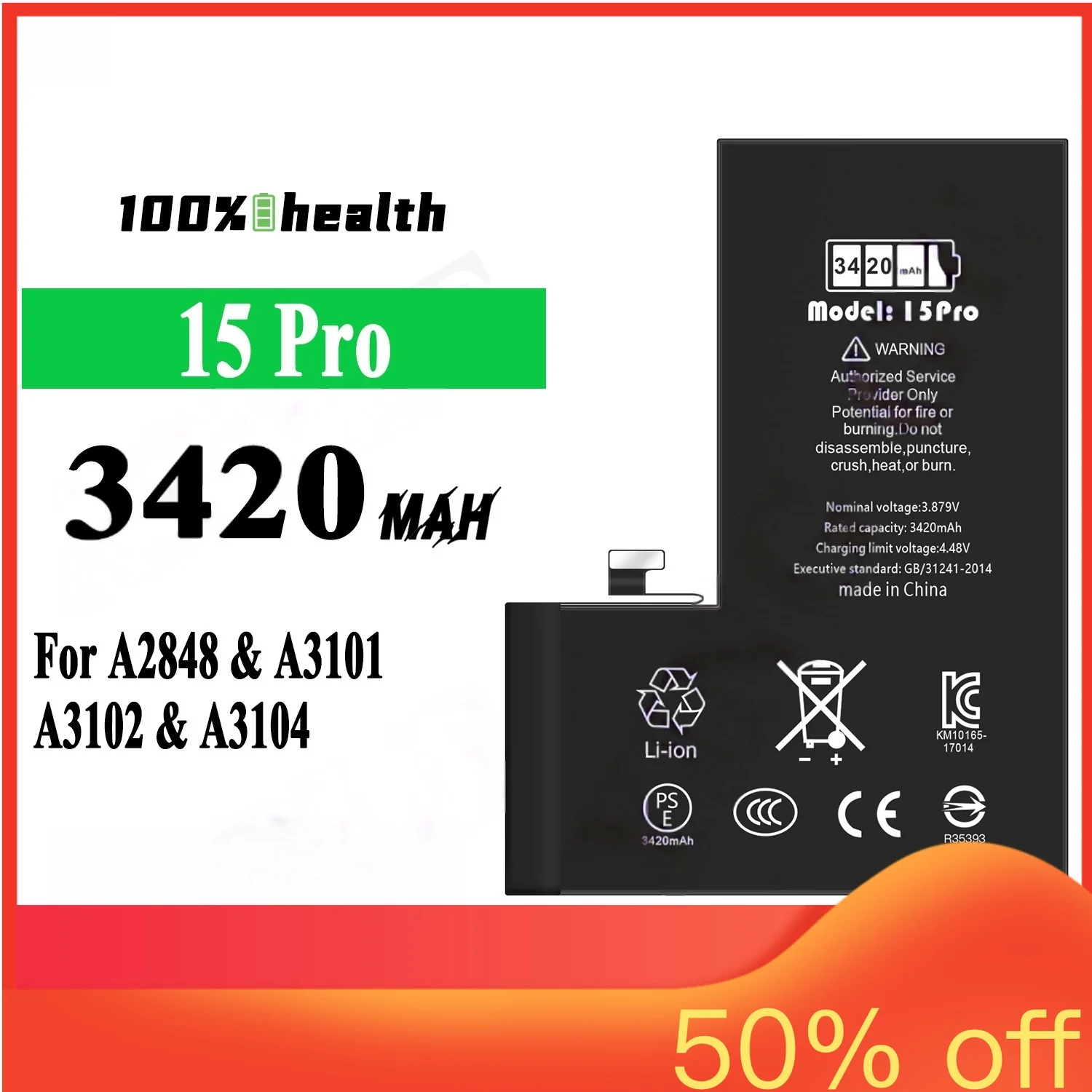 3420mah for Apple 15pro Phone Battery for A3104 A2848 A3101 A3102 High-quality Lithium Rechargeable Battery