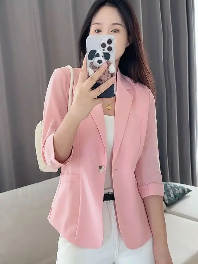 Spring and Summer New Women's Casual Small Suit Trendy Western Style Three-Quarter Sleeve Buckle Coat Thin and Comfortable Top