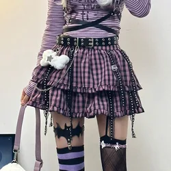 Japanese Harajuku y2k Woman Clothing Plaid Skirts Punk Purple Girls Short Gothic Kawaii Lolita Subculture Layered Cake Dress