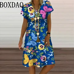 3D Butterfly Pattern Dress For Summer 2024 Women Clothes Oversized Fashion Short Sleeve Flower Print Dress Casual V-Neck Dresses