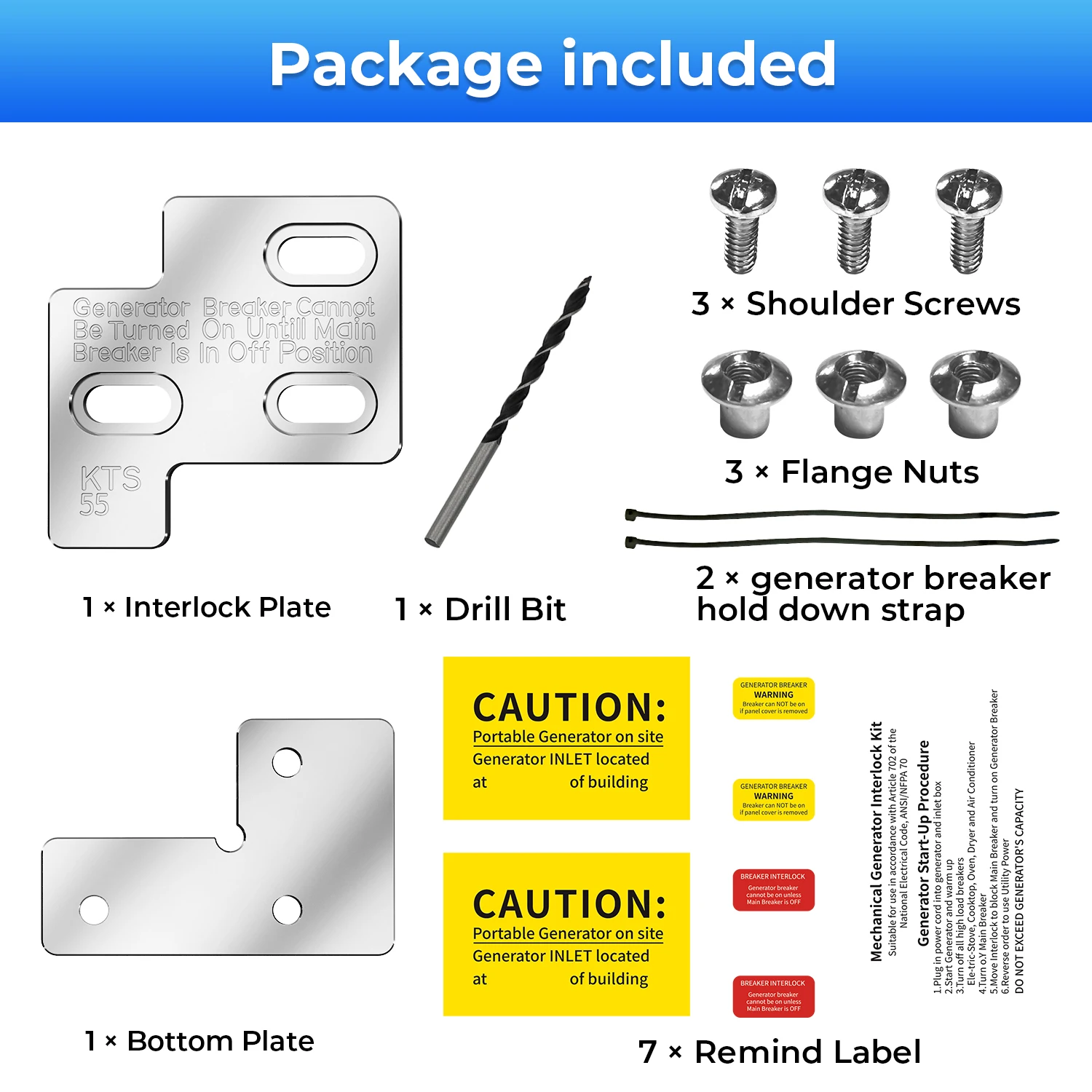 KTS55 Generator Interlock Kit For Square D QO & Homeline KTS-55 100 Amp Panel Aluminum Alloy Kits