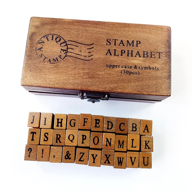 1Set Stempel Alat Tulis Antik Set Stempel Huruf Alfabet Huruf Kecil Huruf Besar Kotak Kayu Retro