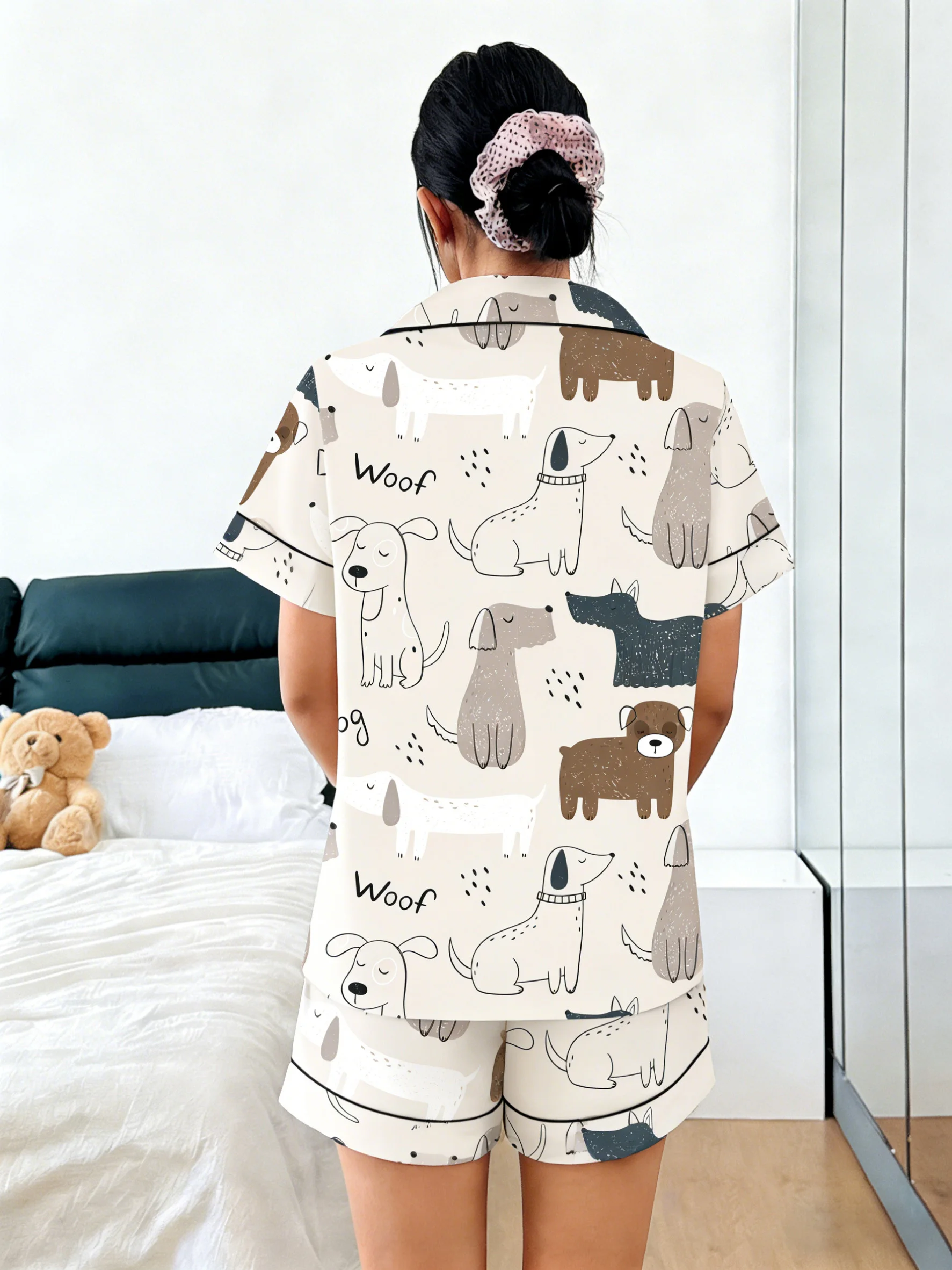 Women Pajamas Cardigan Lapel Short Sleeve Shorts 2 Piece Set Spring Summer Cute Cartoon Dog Print Homewear Loungewear