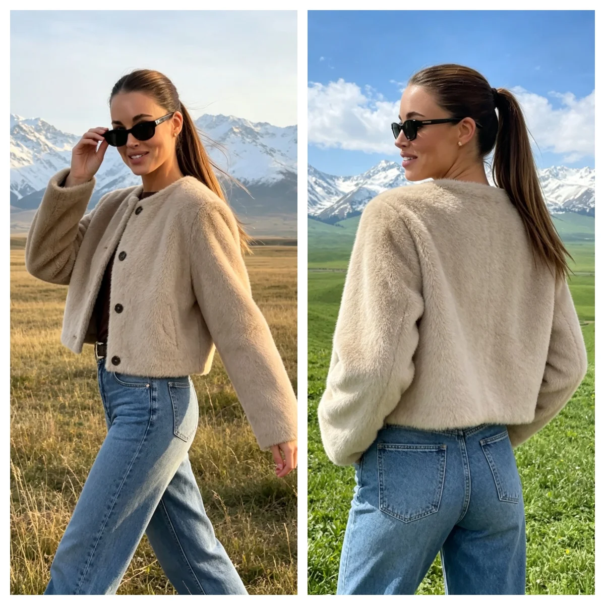 Women's Fashion khaki Plush Faux Fur Effect Cropped Heavy Jacket Female Autumn New Round Neck Single Breasted Casual Coat