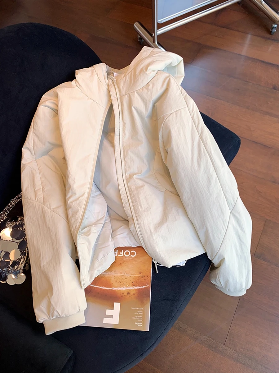 

Korean Sle Simple High-End White Zipper Hooded Cotton Jaet Women's Autumn Winter Casual Versatile Lightweight Cotton Clothes