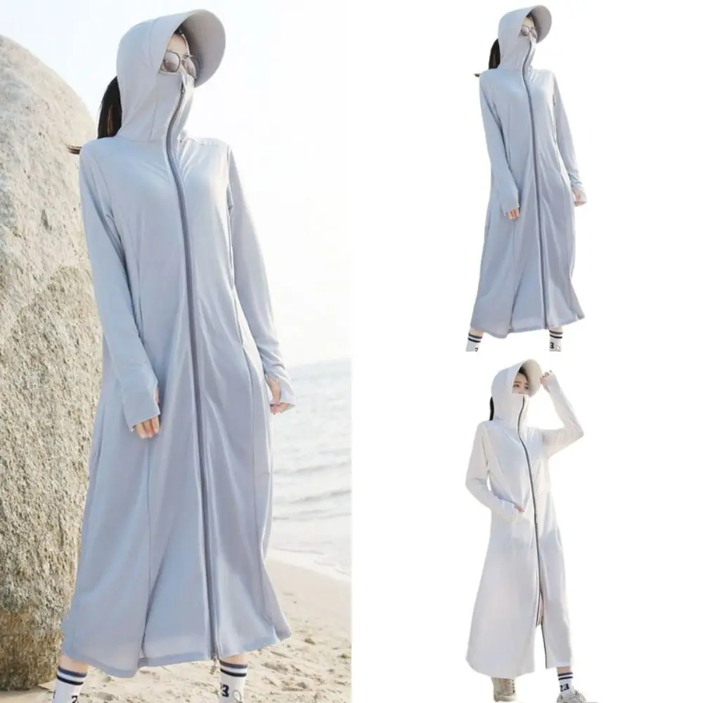 

Ice Silk Sun Protection Long Coat Comfortable Breathable Hat Anti-UV Dress Long Sleeve Hooded Beach Long Sweatshirt Summer