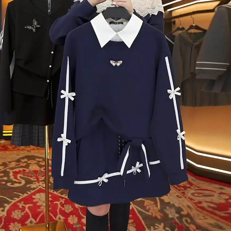 POLO Collar Hoodie Spring and Autumn Set for Women 2026 New High-end Style Color Blocked Bow Half Skirt Two-piece Set Skirt Sets