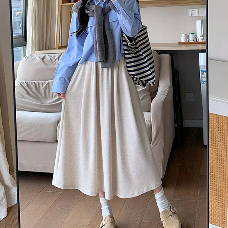 ربيع الخريف المرأة تنورة طويلة الكورية أنيقة الورك تغطي لينة محبوك التنانير امرأة مرونة الخصر الصلبة مطوي ميدي تنورة