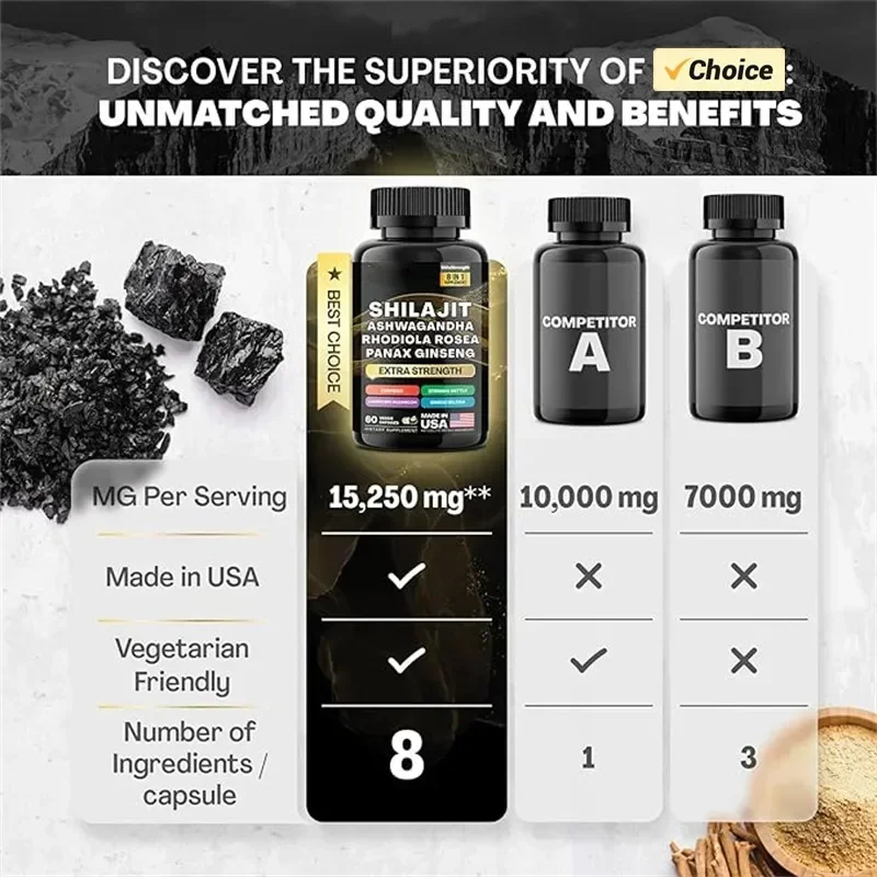 15250 мг чистые гималайские капсулы Shilajit с женьшенем Маки Ashwagandha куркума, энергетическая добавка для массы мышц, выносливость