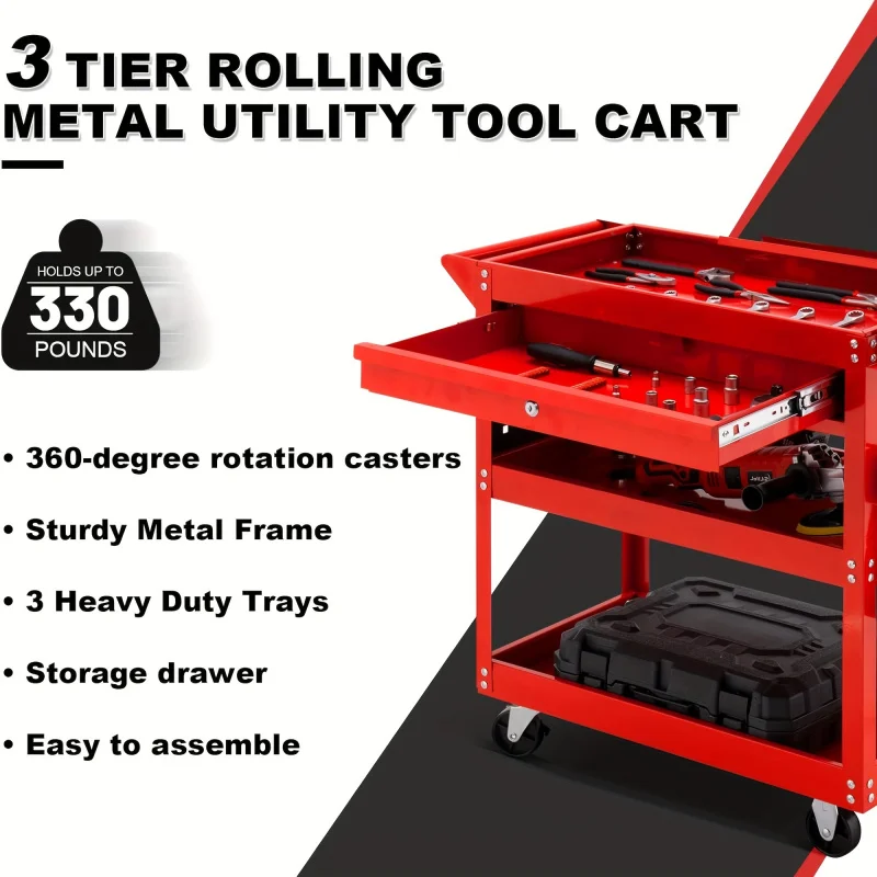 3 Tier Rolling Tool Cart, 330 LBS Capacity Heavy Duty Utility Cart, Industrial Commercial Service Tool Cart