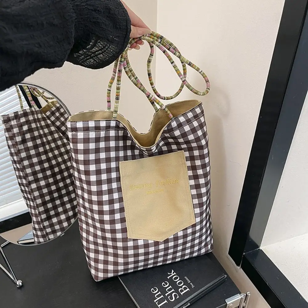 

Vintage Sweet Double Sided Plaid Vest Bag Lattice Japanese Style Denim Shoulder Bag Commuting Cloth Canvas Tote Bag Travel