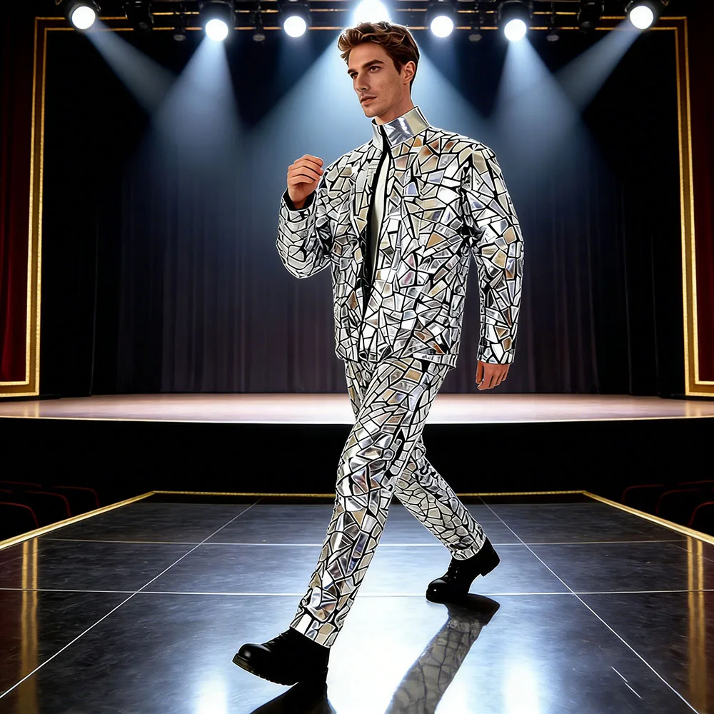 

Зеркальный хромированный футуристический костюм-кайберпанк, металлический серебристый, увеличенный размер, роботизированная броня для выступлений диджеев и косплея в стиле киберпанк