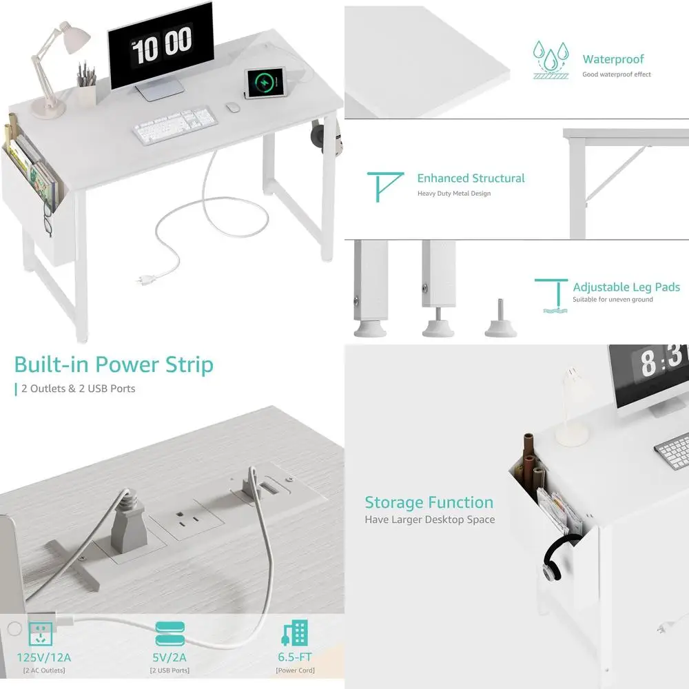 

40 White Teen Study Desk with Built-in Power Outlet, USB Charging & Storage Pocket for Home Office