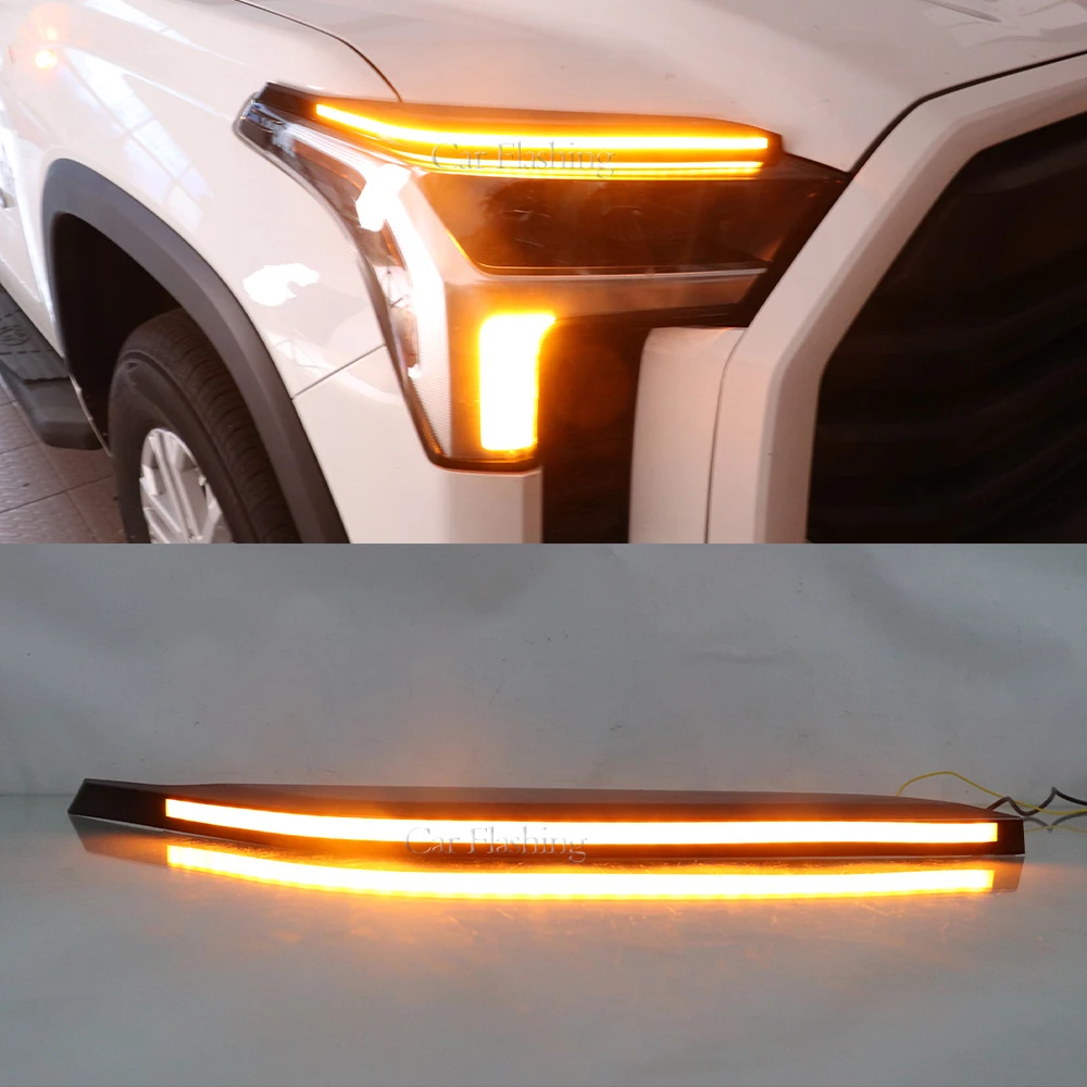 LED DRL Headlight Eyebrow Daytime Running Light For Toyota Tundra Sequoia 2022 2023 With dynamic Yellow Turn Signa Fog lamp