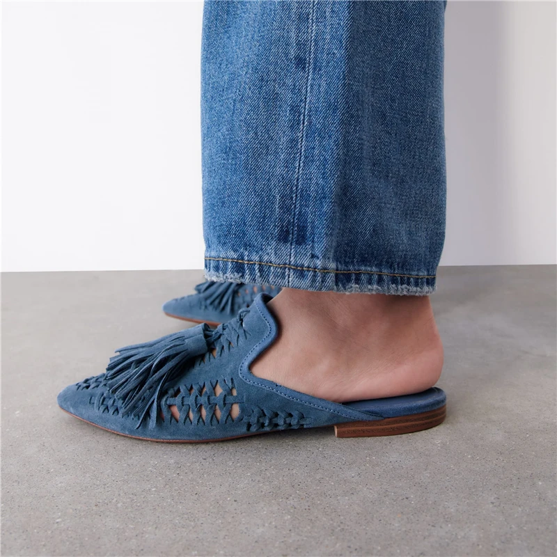 2023 New Genuine Suede leather Oxfords Women Fringe Tassel Slides Mules Streetwear Flat Heel Cut Out Shoes Slippers Plus Size