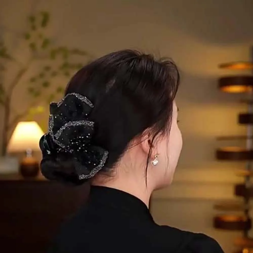 

Fashion Beads Black Bow Shark Clip Elegant Cloth Shiny Rhinestone Hair Claw Headwear Polyester Women Sequin Hairgrips Party