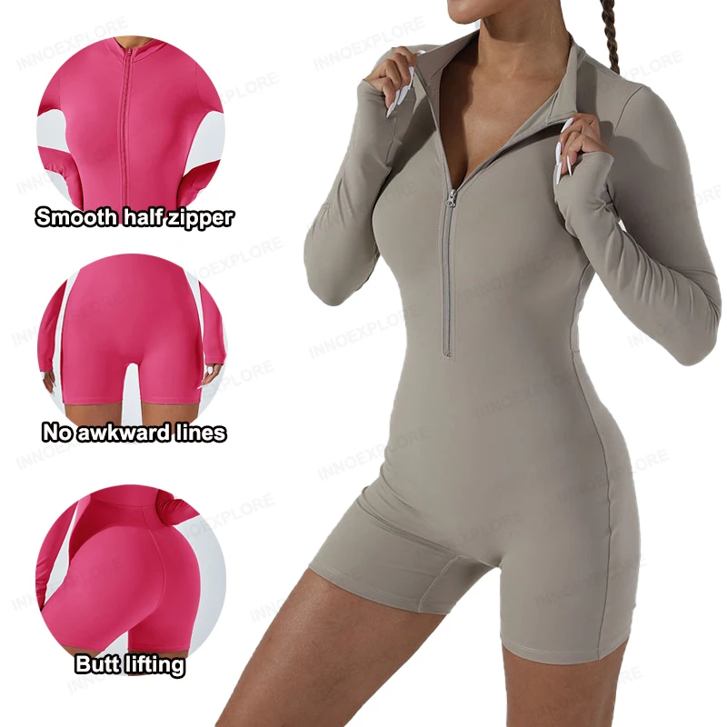 Women Workout Jumpsuit Spandex Gym Bodysuit Half Zipper Fitness Romper Stretch Sports Yoga Dance Playsuit One Piece Tracksuit