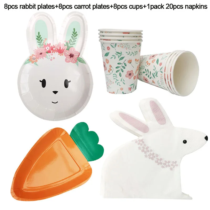 Happy Easter Decoration Bunny Rabbit Carrot Easter Eggs Paper Plates Kids 1 2 3 Birthday Decoration Easter Party Favors Supplies