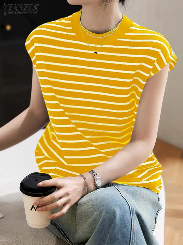 2024 ZANZEA Women Short Sleeve Shirt Summer Fashion Striped Blouse Tunic Casual O Neck Loose Blusas Female Elegant OL Work Tops