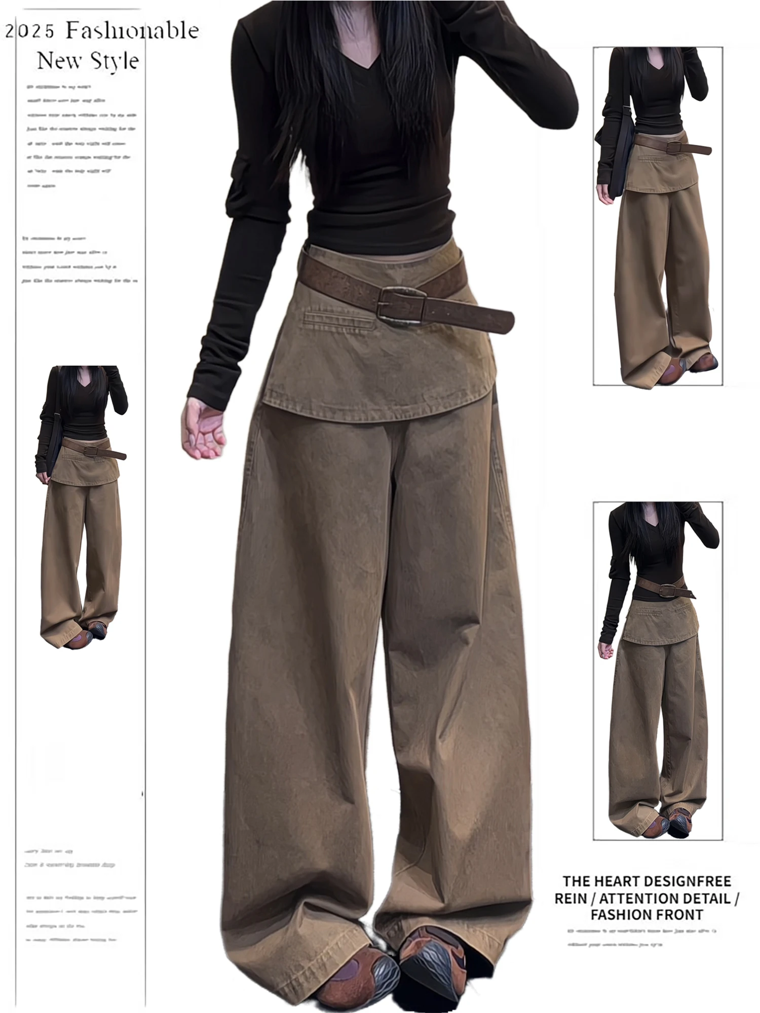 

Y2K Women's 2025 Fashion New Style Khaki Denim Jeans Patchwork Waist Wide Leg Casual Streetwear Trousers