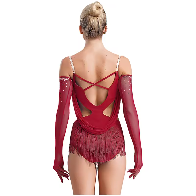 Womens Tassel Latin Dance Leotard Dress Rhinestone Fringed Bodysuit+Gloves Outfits for Tango Cha-Cha Salsa Skating Performance - Image 4