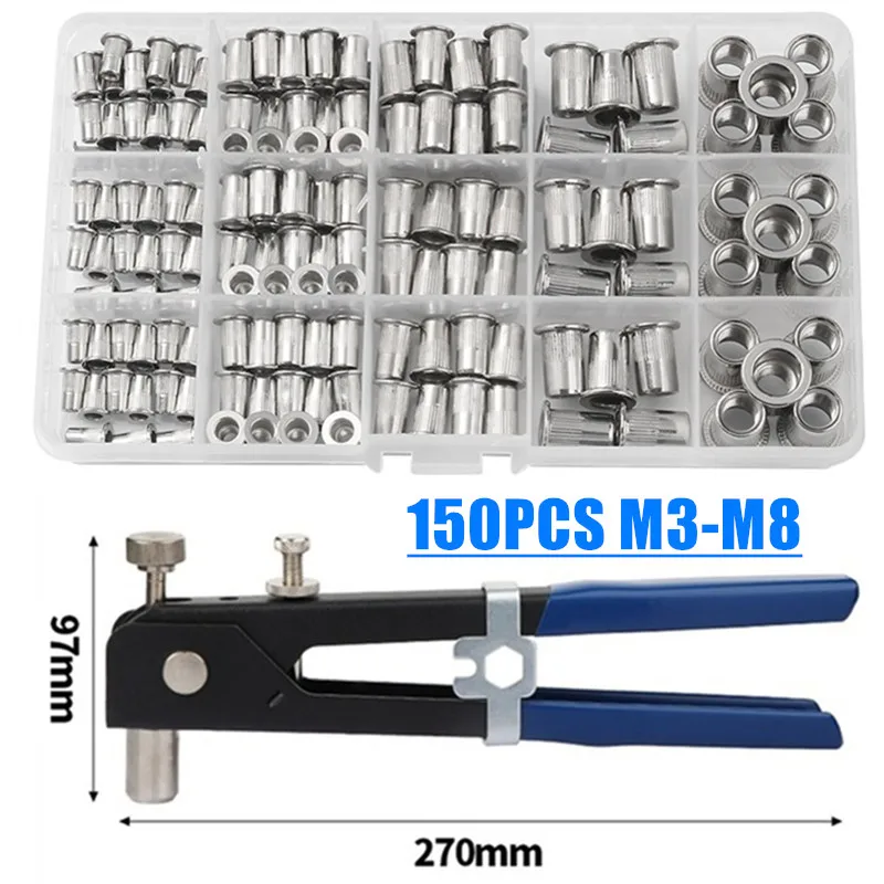 150PCS M3/M4/M5/M6/M8 Hand Riveter Nut Rivet Gun Kit Stainless Steel Insert Nut Rivet CapThreaded Nuts Repair Tools Kit
