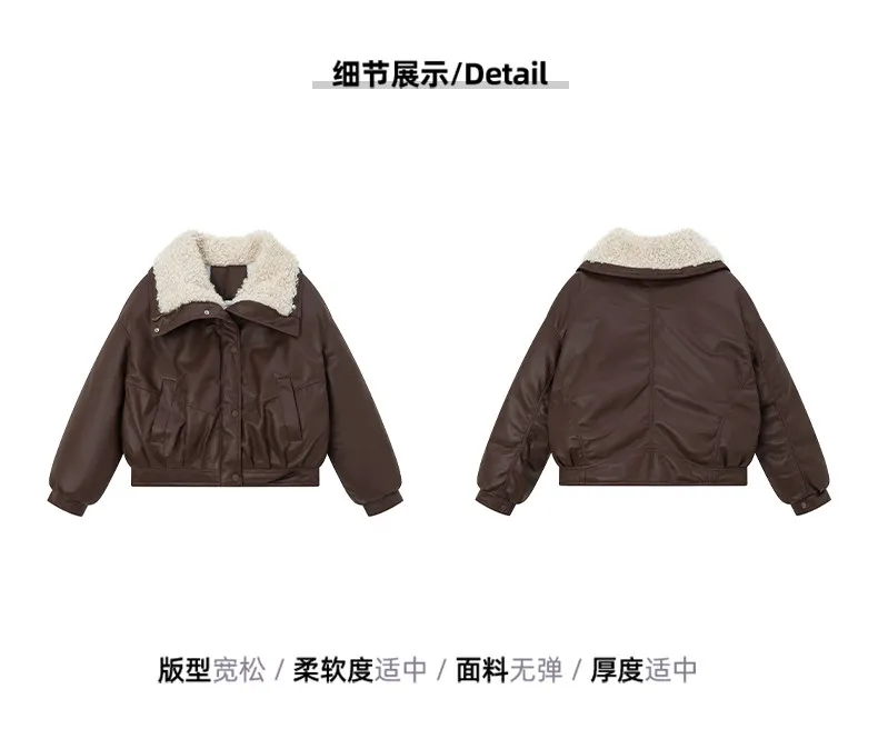 2026 Winter New Thick PU Leather Coat Women Cropped Fluffy Lapel Collar Padded Jacket Female Zip-up Streetwear Cool PU Parkas