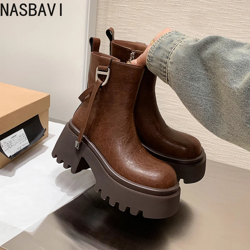 

NASBAVI 2026 Fashion Women Ankle Boots Winter Zipper Shoes Cow Leather Autumn Mid Heels Motorcycle Round Toe Short Boots 34-40