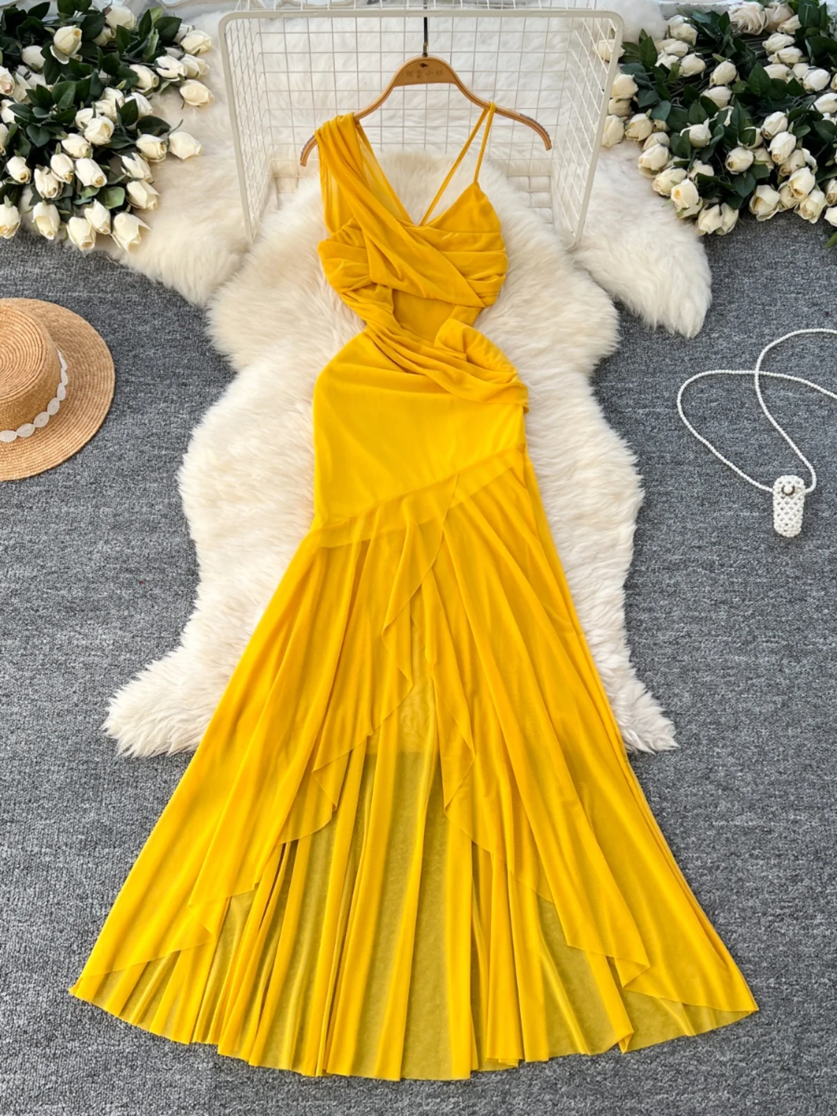 Yellow Slim Fit Holiday Sle Dr Asymmetrical Hemline Strapl Gown Korean Sle Spring Collection Mid-Length A-Line Skirt