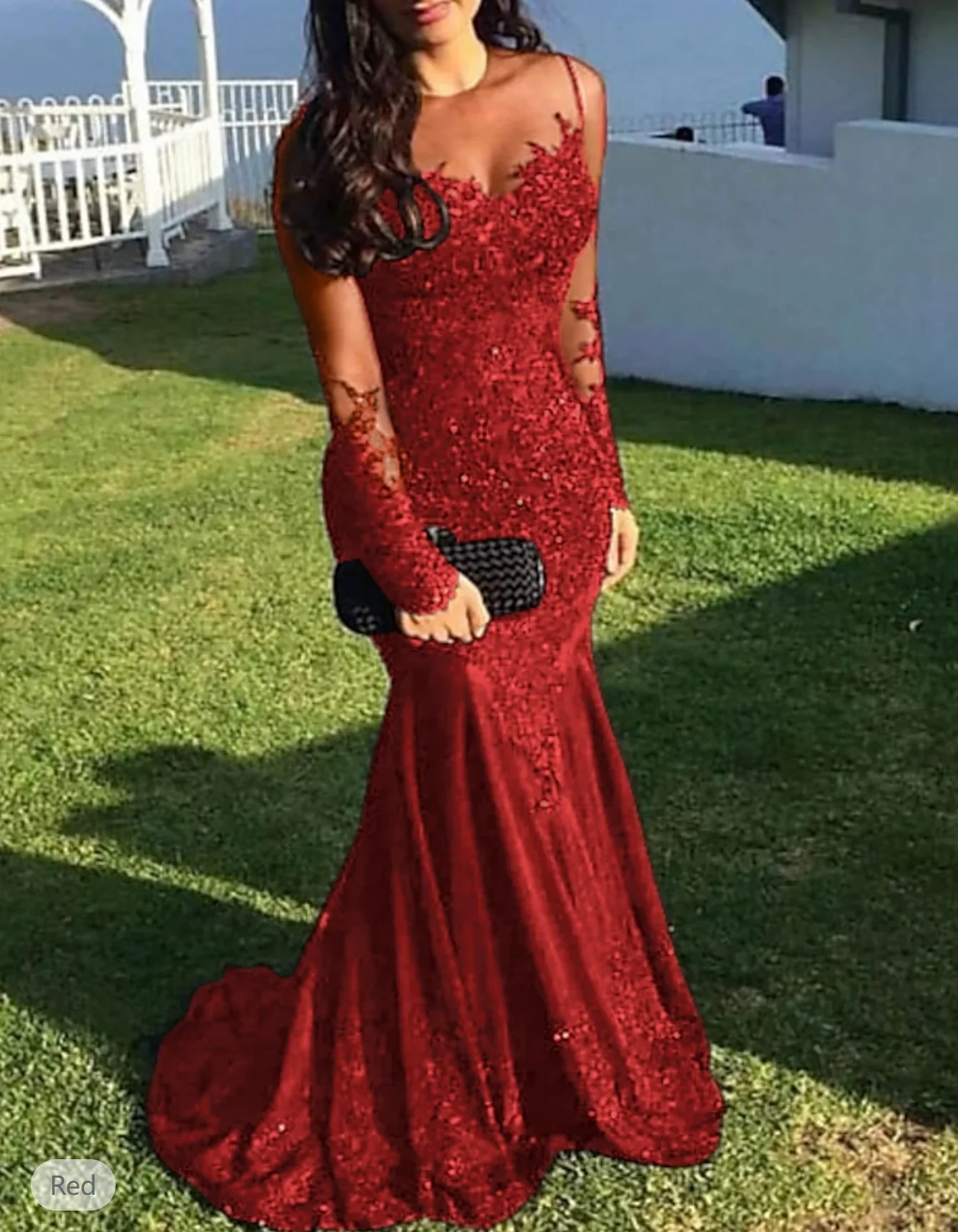 Mermaid Black Dress Evening Gown Sequin Prom Dress Sparkle Formal Gown Brush Train Long Sleeve Crew Neck Lace with Appliques