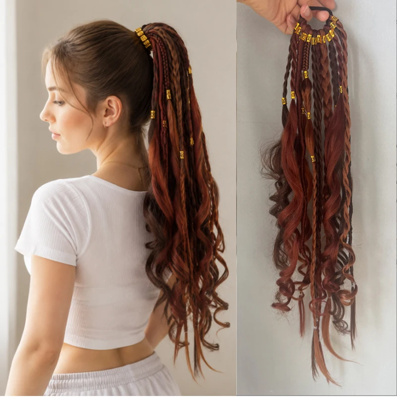 Women Synthetic Dreadlocks Ponytail Hair Extensions Black White Grey Mix Braided Curly Pony Tail Elastic Band Festival Rave Part
