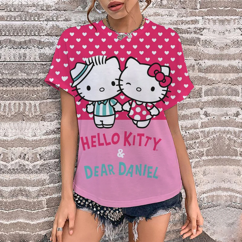 

Новинка MINISO 2021, женская спортивная одежда Hello Kitty с круглым вырезом, свободная повседневная легкая дышащая модная футболка с короткими рукавами