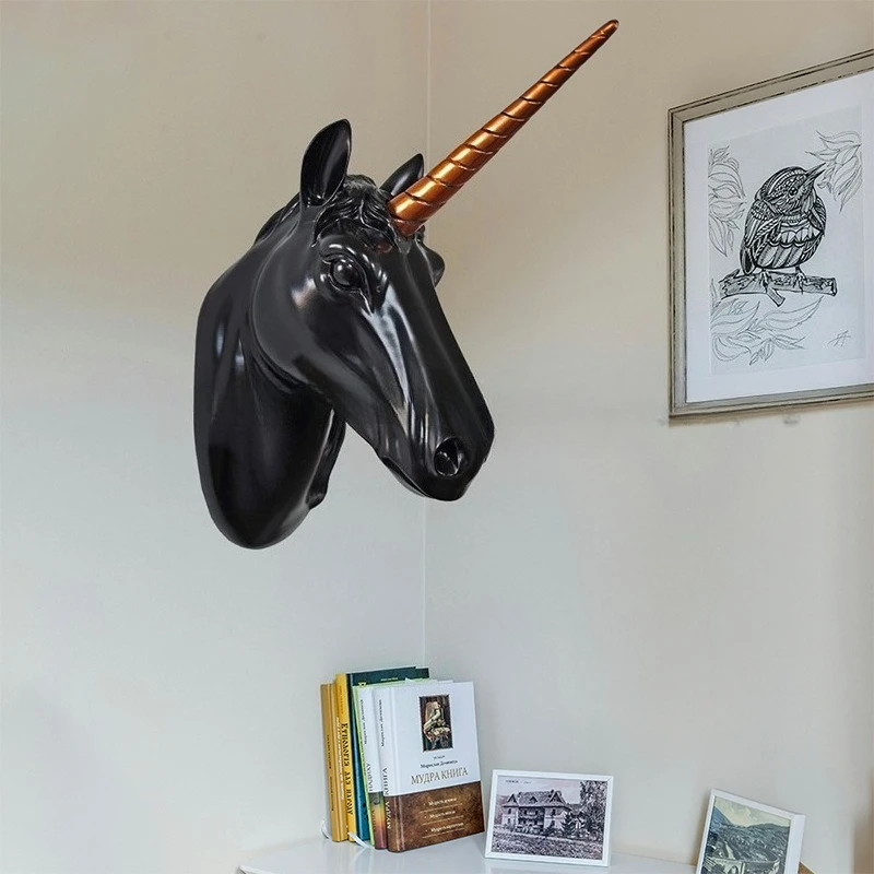 Unicorn Horse Head Wall Art, Resin 3D Animal Mount for Living Room, Entryway Background Decor, Creative Home Ornament