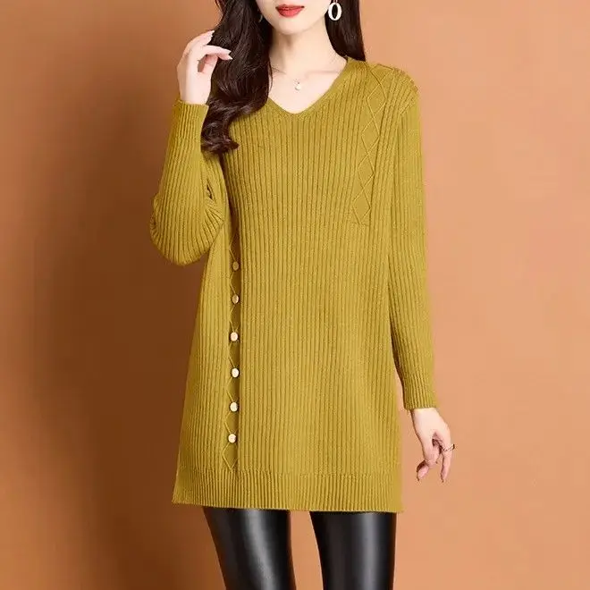 المرأة الكورية فضفاضة الخامس الرقبة متماسكة سترة الخريف الشتاء عادية كل مباراة البلوفرات القمم حجم كبير الصلبة منتصف طويلة فساتين سترة