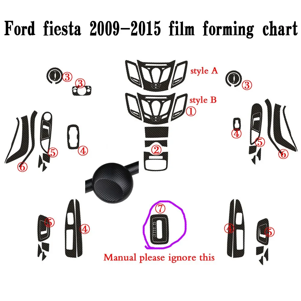 Carbon Fiber For Ford fiesta 2009-2015 Car Film Interior Stickers Center Console Gear Dashboard Air Door Handle Lift Panel