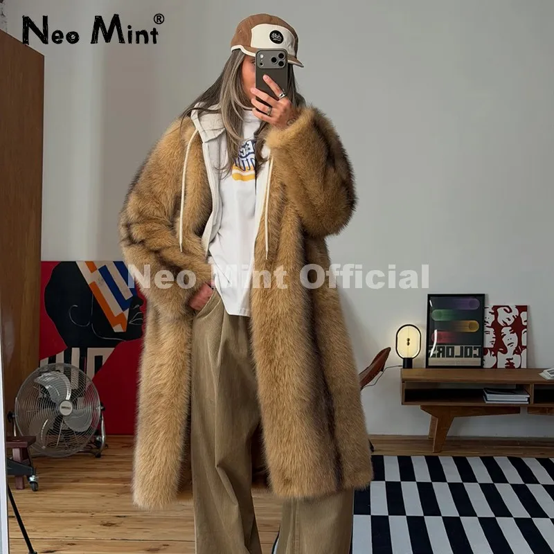 Neo Mint Luxury Runway Fashion Striped Long Faux Fur Coat Women Winter Fluffy Furry Eco Fox Fur Jacket Girls Overcoat Outerwear