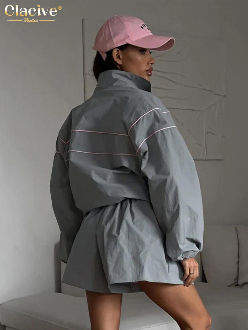 Clacive Fashion Loose Gray 2 Piece Sets Women Outfit 2024 Elegant Long Sleeve Shirt With High Waist Shorts Set Female Streetwear