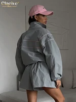 Clacive Fashion Loose Gray 2 Piece Sets Women Outfit 2024 Elegant Long Sleeve Shirt With High Waist Shorts Set Female Streetwear - Image 4
