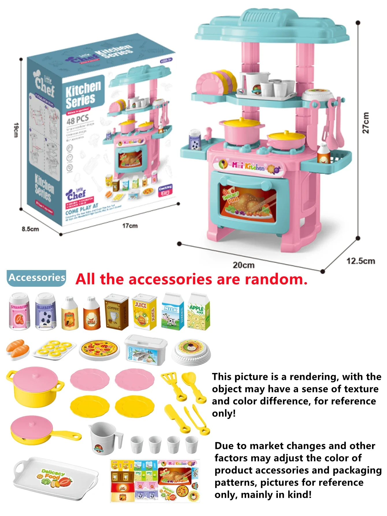 Kitchen Playset Toys, 2 Color Random Play Food Set Accessories Play Sink & Oven, Toddler Kitchen Mini Cutting for Boys and Girls