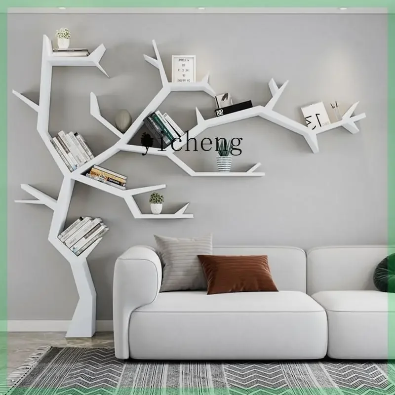 solid wood creative tree-shaped background wall display bookshelf living room wall floor shelf office
